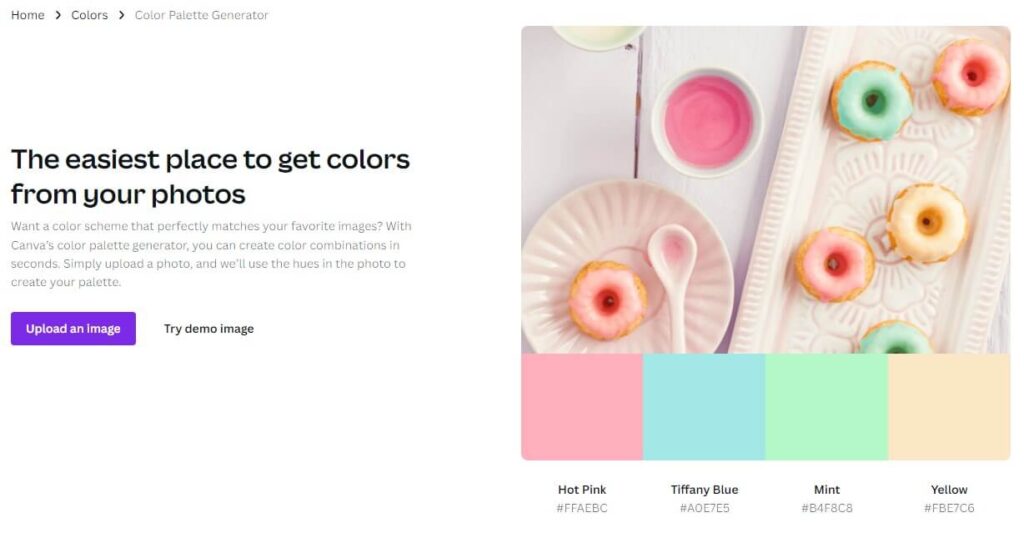Tool home page to extract color palettes from Canva photos.