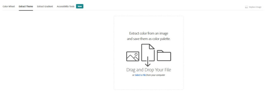 Print Screen from the Adobe Color website with an indication to drag the image onto the canvas.