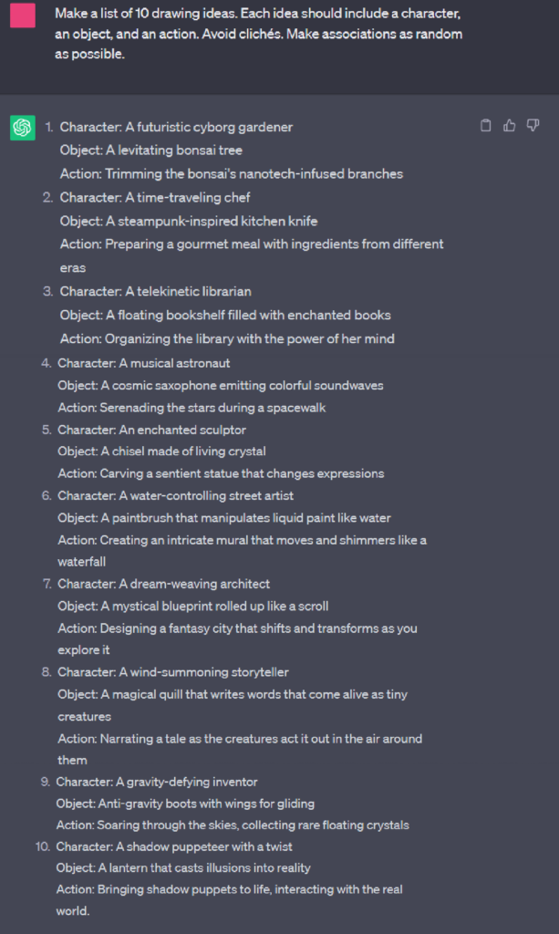 Print screen of command prompt from chatgpt about ideas for drawing in the sketchbook.