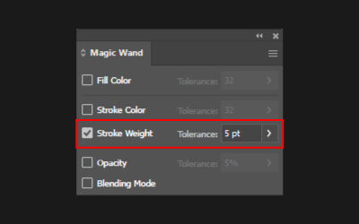 Illustrator Magic Wand setting. Stroke Weight option with 5pt tolerance.