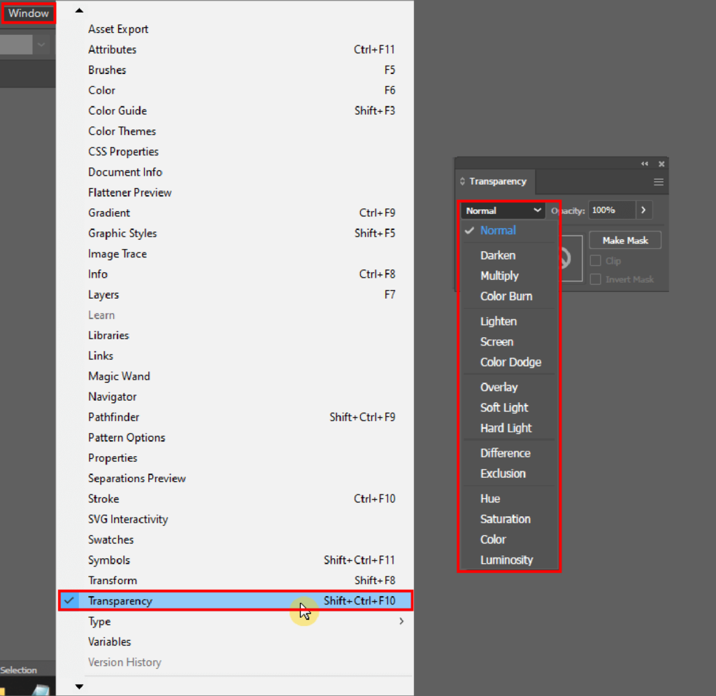 Path to access the transparency panel and blending modes.