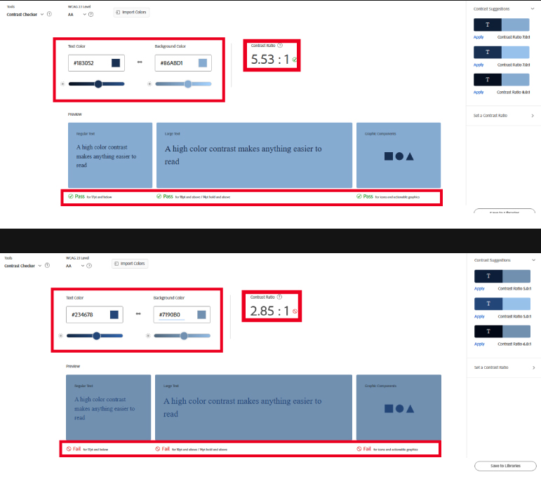 Print of the tool to check contrast between text and background from the Adobe Color website. Showing two examples, the first with a good contrast and the second with a bad color contrast.