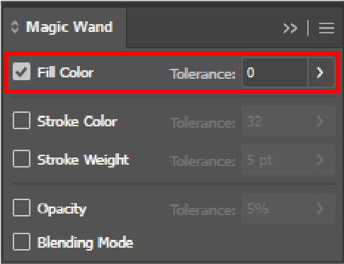 Magic Wand panel showing the fill color setting with tolerance 0.