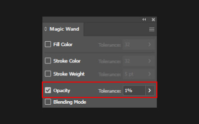 Illustrator Magic Wand settings. Opacity option with 1% tolerance.