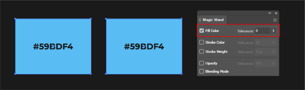 Illustrator Magic Wand setting. Fill Color option with tolerance 0 (zero).