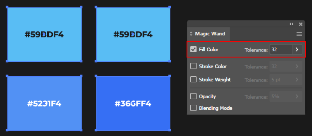 Illustrator Magic Wand setting. Fill Color option with tolerance 32.
