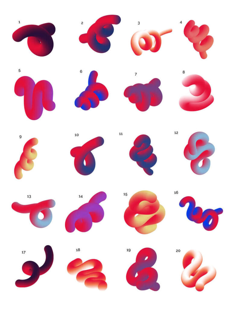 Abstract shapes of colorful curled lines. 3D vector design.