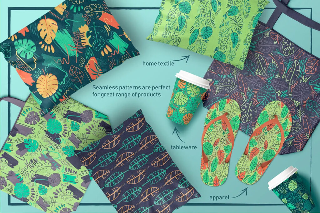 Various products such as cushions, fabric bags, cups and flip-flops with tropical foliage prints.