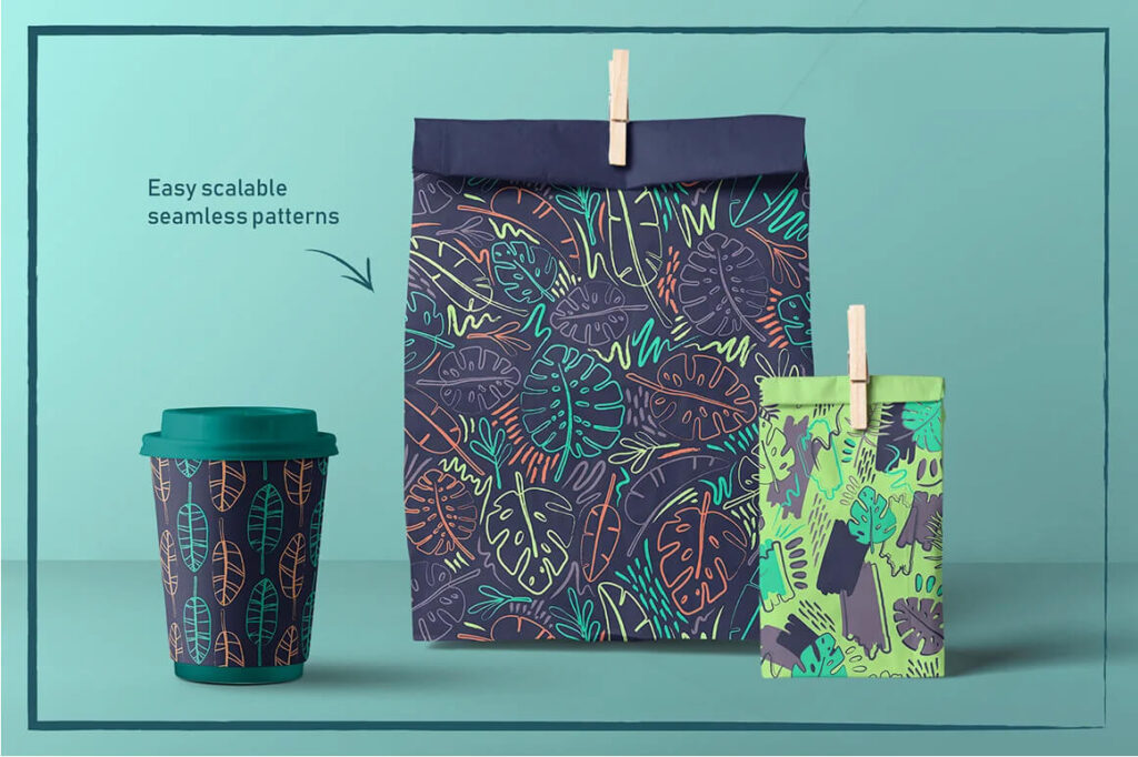 Paper packaging and a disposable cup with tropical patterns.