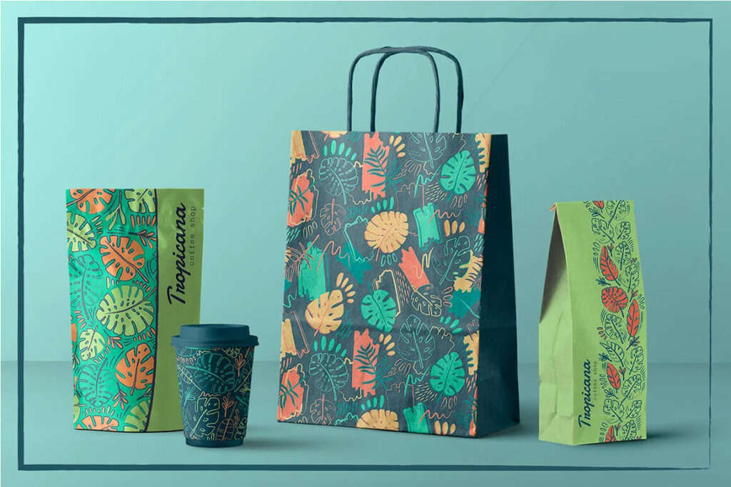 Paper packaging and a disposable cup with tropical patterns.