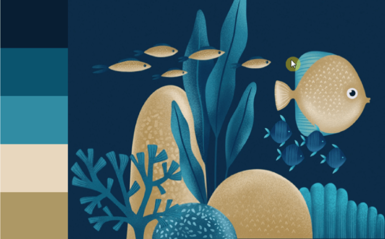 Article cover Illustration color palettes with blue and beige palettes. Seabed illustration.