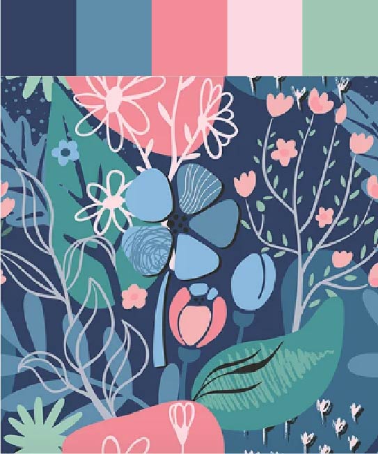 Palette with blue, pink and light green colors. abstract illustration with flowers.