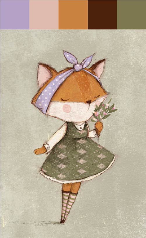 Color palette with purple, pink, orange, brown. Illustration of a female character, a fox, smelling flowers.