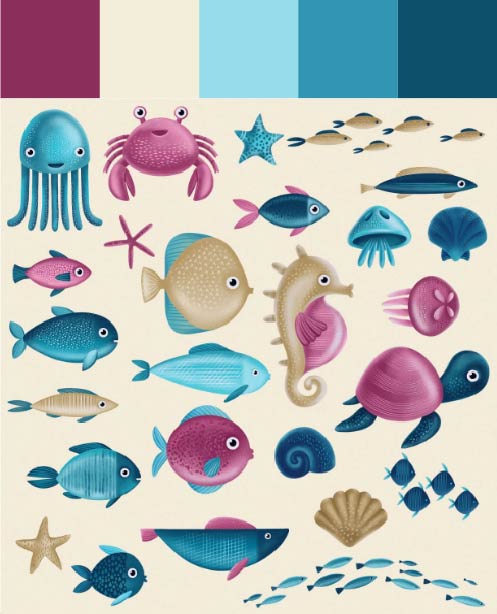 Palette with pink/wine, light cream and blue tones. Illustration with various marine animals.