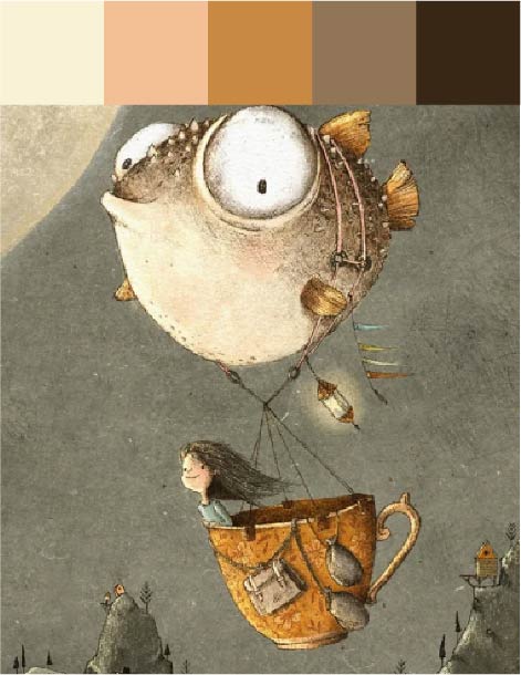 Color palette with gradations of brown. Illustration of a flying puffer fish holding a basket with a girl.