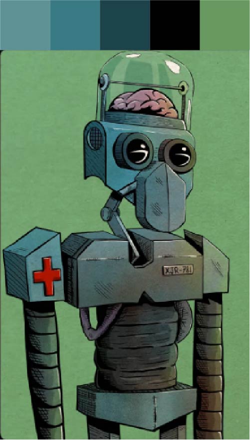 Color palette with desaturated blue and green colors. Illustration of a robot with a brain.