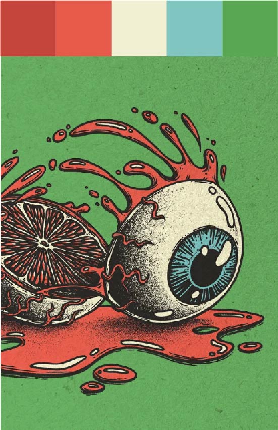Color palette with red, blue and green. Cartoon style. Eye being cut in half and one of the halves is an orange.