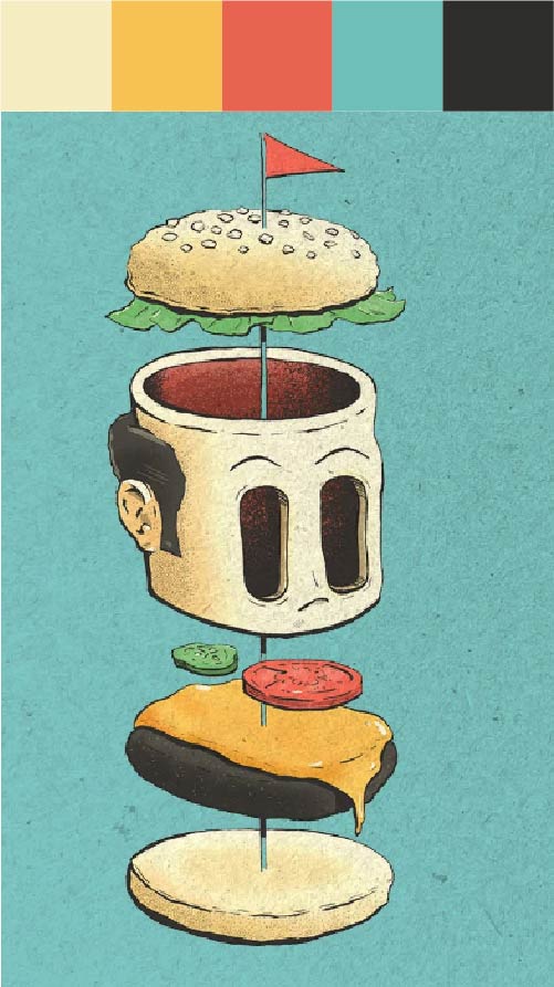 Palette with orange, red, blue and black. Comic drawing of a sandwich and a character's head.