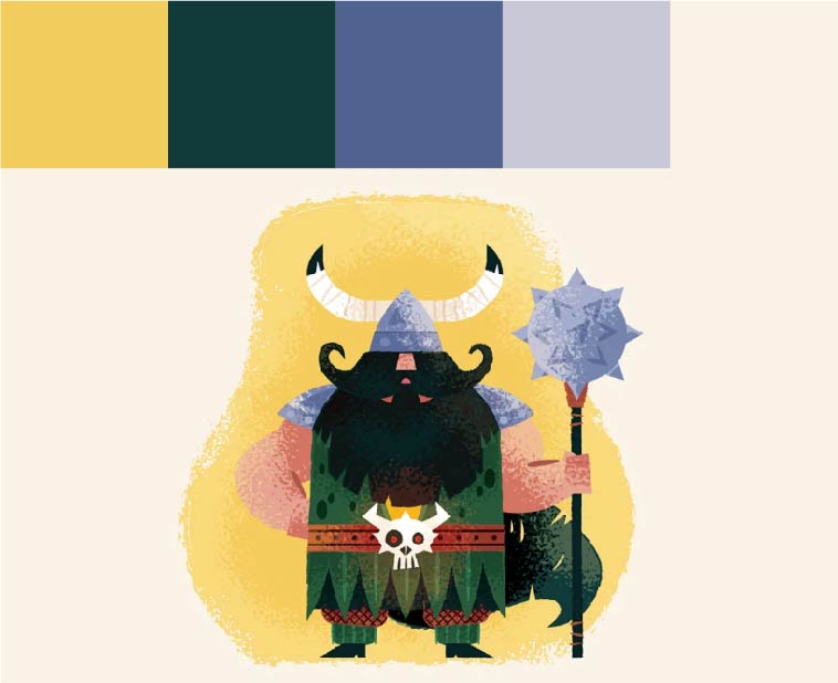 Color palette with yellow, blue. Illustration of a Viking warrior holding a weapon.