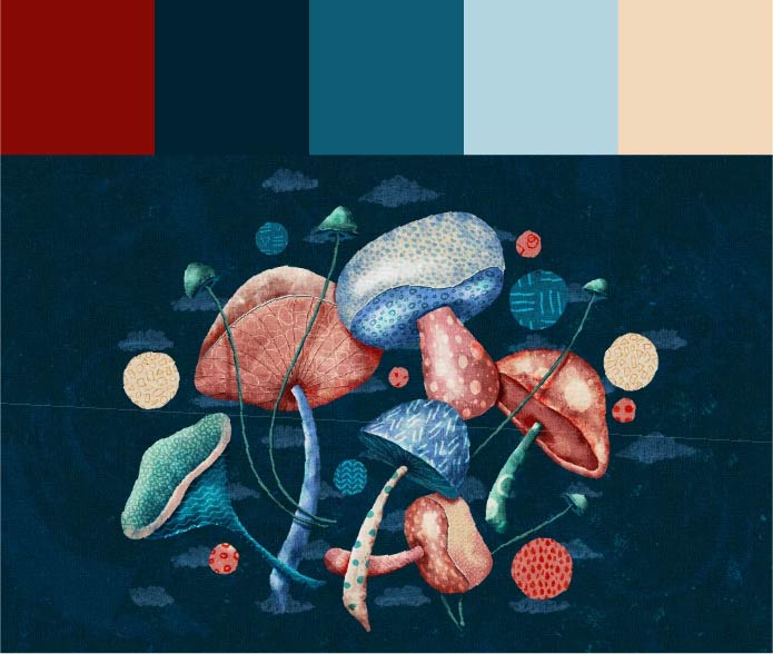 Color palette with red and blue. Mushrooms illustration.