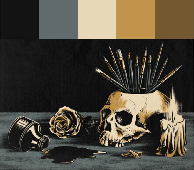 Palette with black tones of brown and cream. Illustration of a skull serving as a pencil and brush holder with India ink spilled on the table.