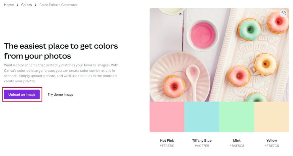 Página de inicio de la herramienta para extraer paletas de colores de las fotos de Canva con el botón de carga de imágenes resaltado.