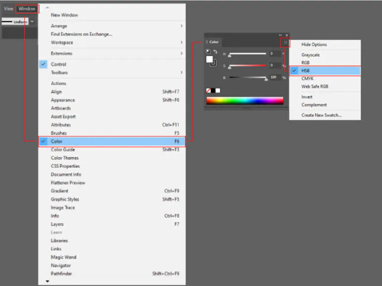Ruta del software Illustrator para acceder al panel de color y a la opción HSB.