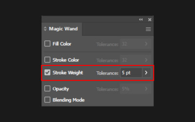 Ajuste de la varita mágica de Illustrator. Opción de peso de trazo con tolerancia de 5pt.