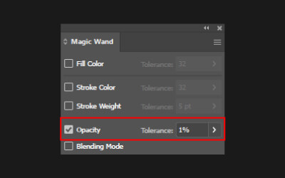 Ajustes de la varita mágica de Illustrator. Opción de opacidad con tolerancia del 1%.