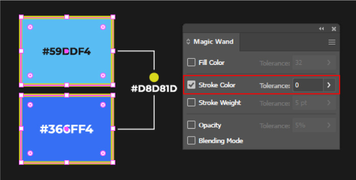 Ajuste de la varita mágica de Illustrator. Opción de color de trazo con tolerancia 0.