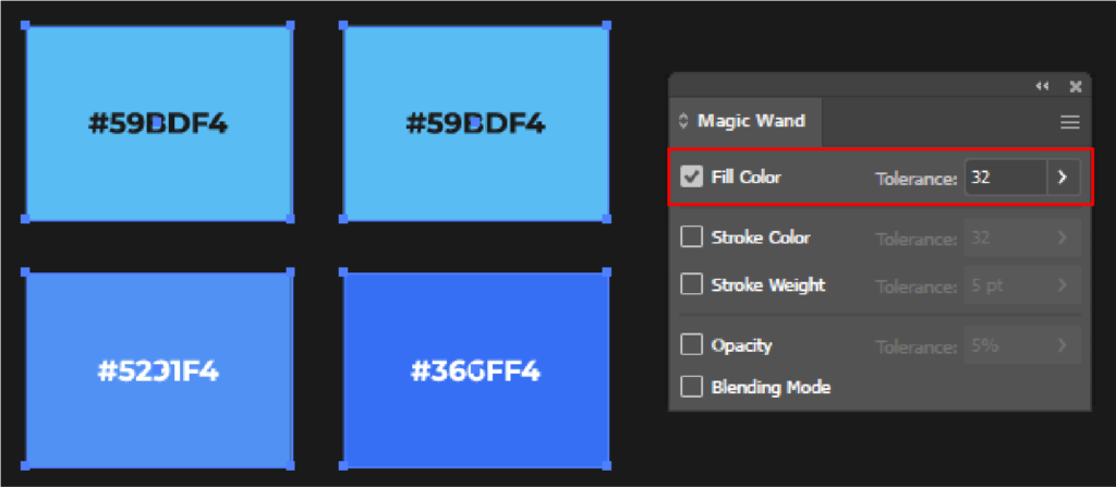 Configuración de la varita mágica de Illustrator. Opción de color de relleno con tolerancia 32.