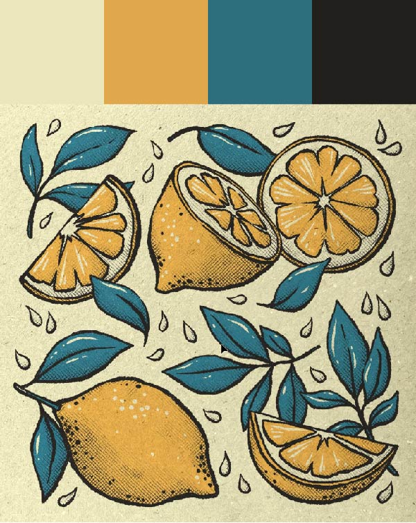 Paleta de colores crema, naranja y verde. Ilustración texturizada de naranjas enteras y partidas por la mitad.