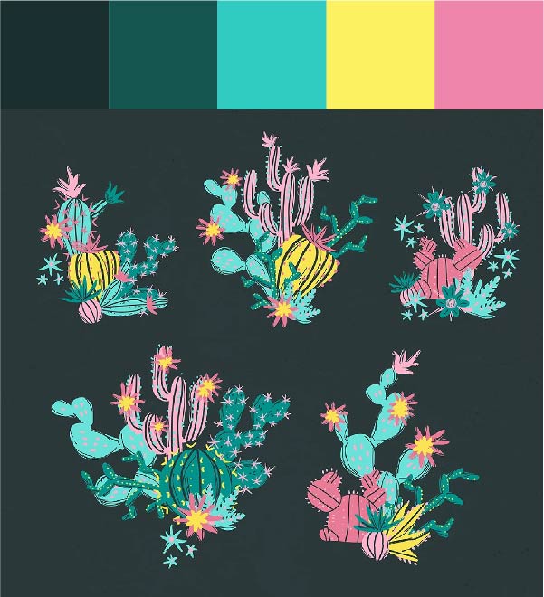 Paleta de colores con tres tonos de verde más amarillo y rosa. Ilustración de cactus.