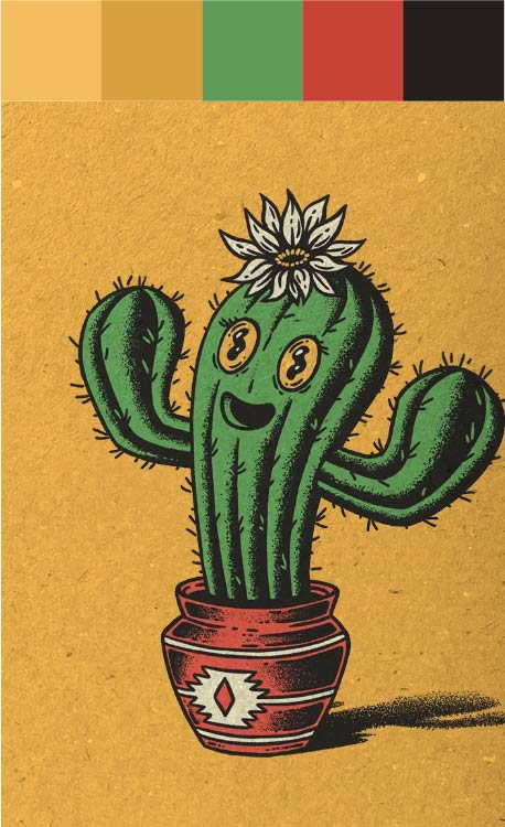 Paleta naranja, verde y roja. Ilustración de un cactus sonriente.