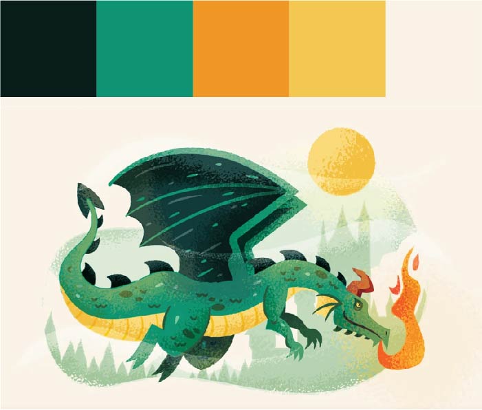 Paleta verde oscuro, verde, naranja, amarillo y blanco. Ilustración texturizada de un dragón disparando fuego por la boca.