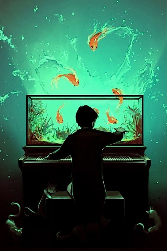 Ilustração de Cyril Rolando. Um menino tocando piano em frente a um aquário iluminado.