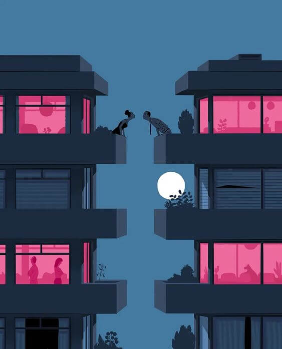 Ilustração de Paul Blow. Um homem e uma mulher, em sacadas opostas de dois prédios vizinhos, aproximam suas cabeças.