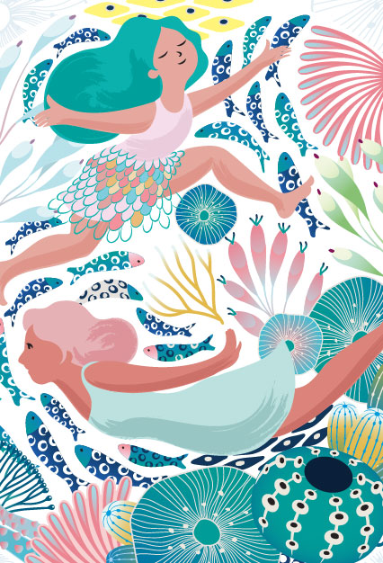 Capa para a categoria ilustração: Duas meninas em meio a desenhos do mar: peixes, corais e plantas aquáticas.