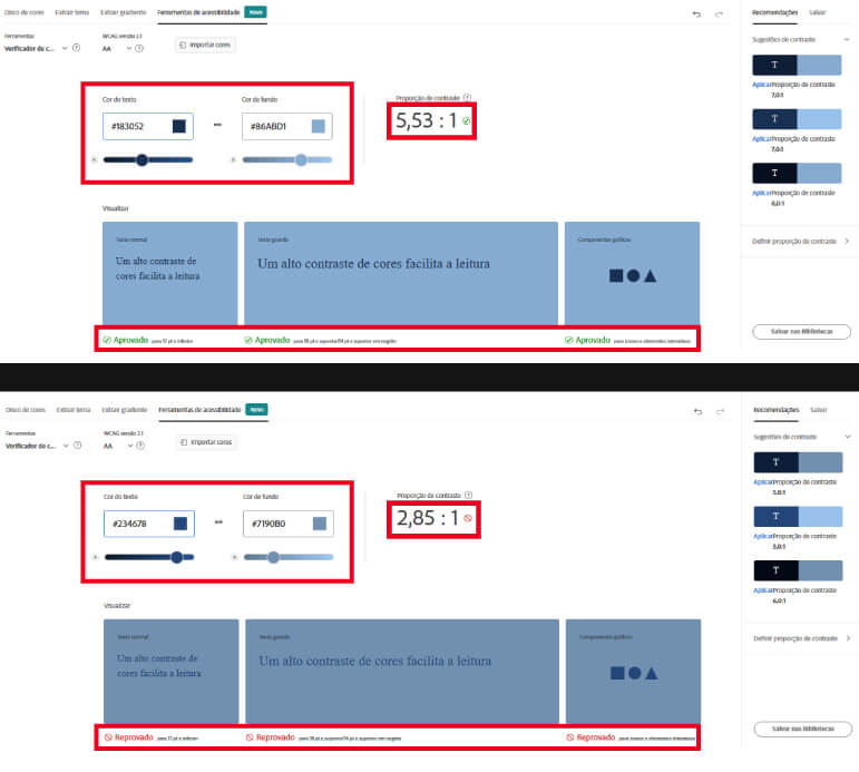 Print da ferramenta para verificar contraste entre texto e fundo do site Adobe Color. Apresentando dois exemplo, o primeiro com um bom contraste e o segundo com um contraste de cores ruim.