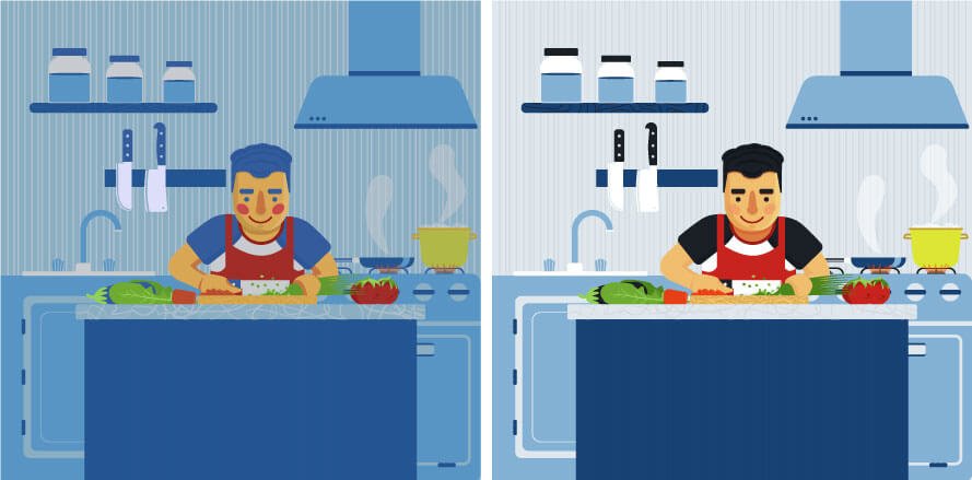 Illustração de um homem cozinhando com contrastes de cores diferentes