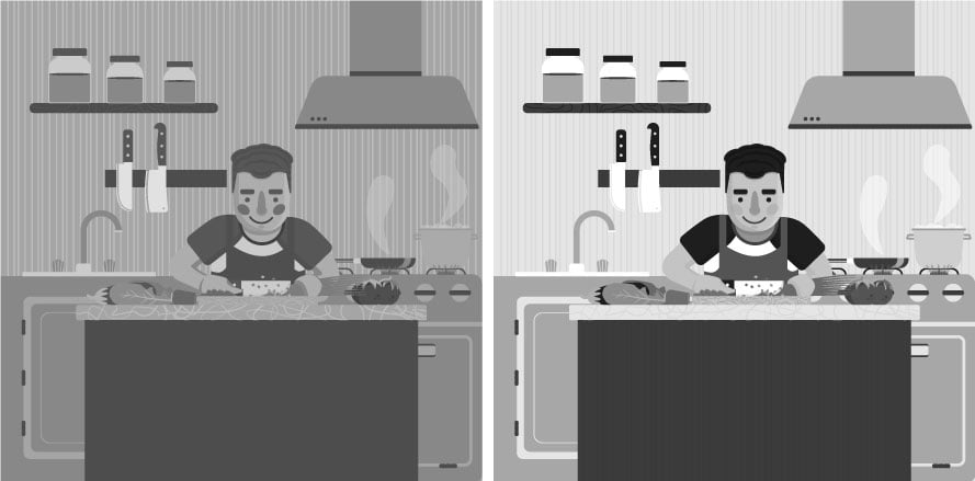 Illustração em preto e branco de um homem cozinhando com contrastes diferentes