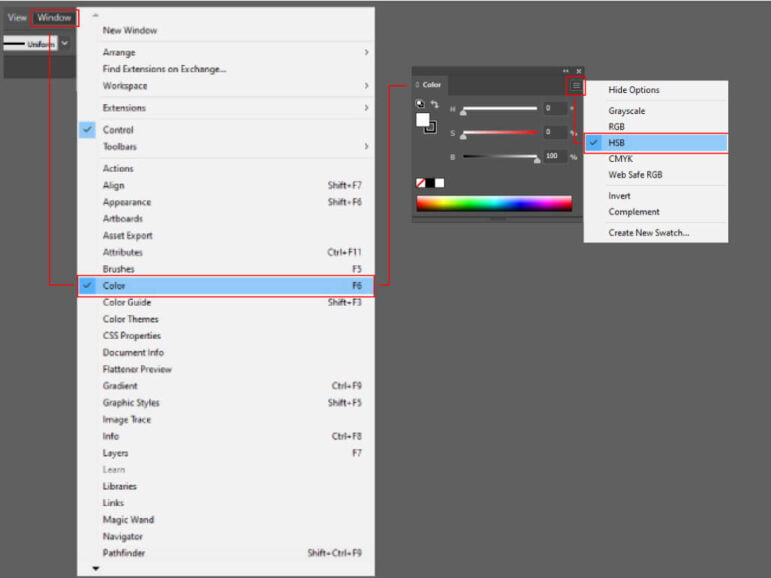 Caminho do software Illustrator para acessar o painel color e a opção HSB.