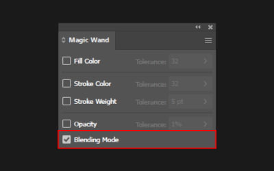 Configuração da varinha mágica (Magic Wand) do Illustrator. Opção de modo de mesclagem (Blending Mode).