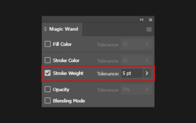 Configuração da varinha mágica (Magic Wand) do Illustrator. Opção de espessura de contorno (Stroke Weight) com tolerância (tolerance) 5pt.