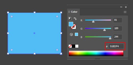 Painel Color indicando o código hexadecimal HEX da cor do sistema RGB. Objeto azul na área de trabalho.