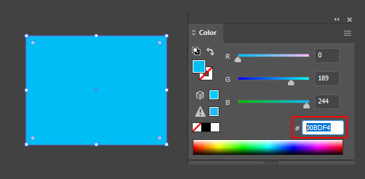 Painel para alteração de cor indicando o código hexadecimal HEX da cor do sistema RGB. Objeto azul na área de trabalho.