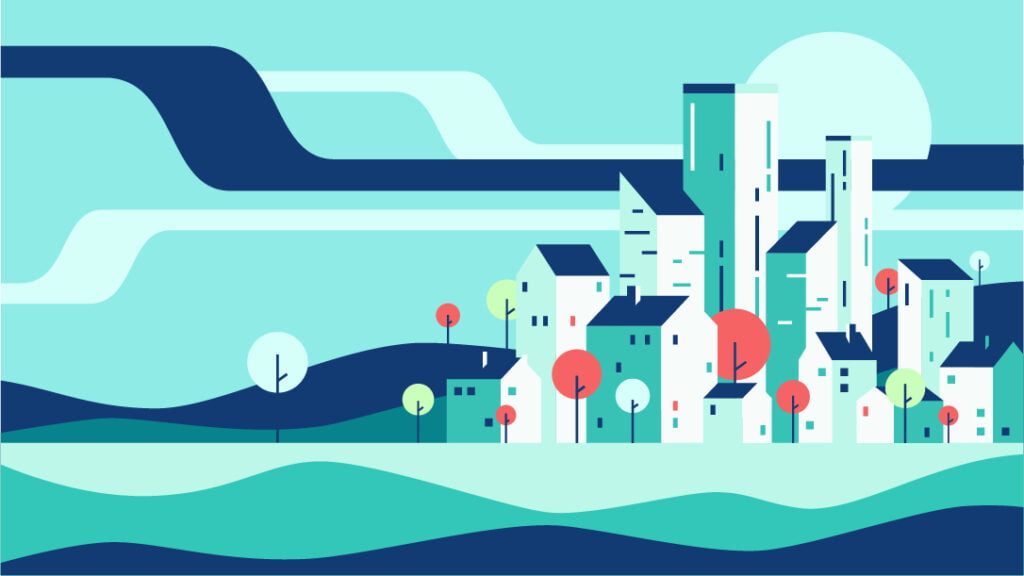 Desenho vetorial em flat design de uma pequena cidade com prédios, casas e árvores. Cores de tons azuis.