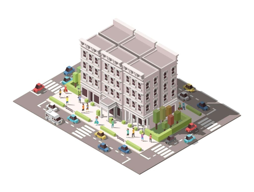 Desenho vetorial isométrico de um prédio com estacionamento para carros.