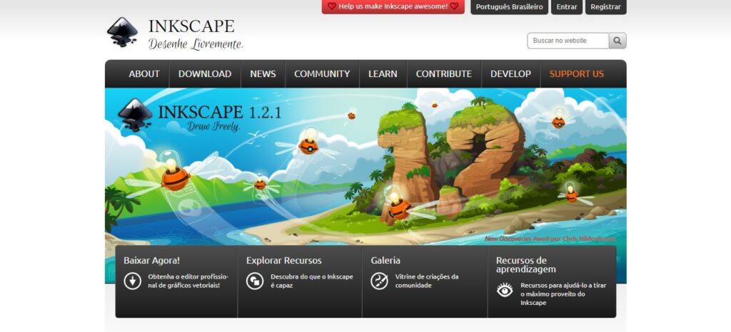 Página inicial na web do software Inkscape.