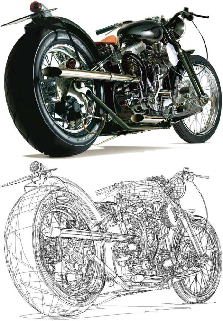 Yukio Miyamot, artista desenho vetorial, máquina. Desenho de uma moto.